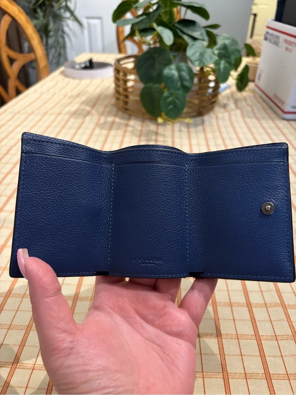 Coach Navy Blue Pebbled Leather Trifold Snap Wallet